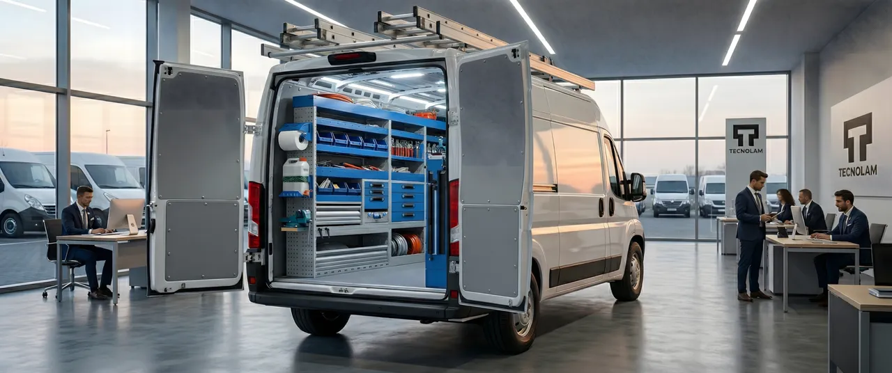 Interno di furgone attrezzato con sistema di scaffalature blu, cassetti, porta utensili e accessori organizzati, ideale come officina mobile